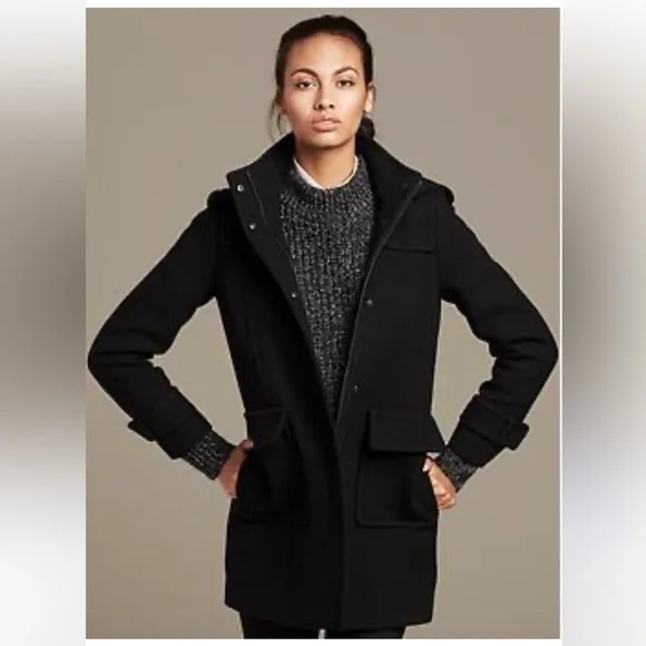 Banana Republic Black Wool Duffle Car-Coat Pea-Coat with Hood- EUC Worn 1x - Picture 1 of 17